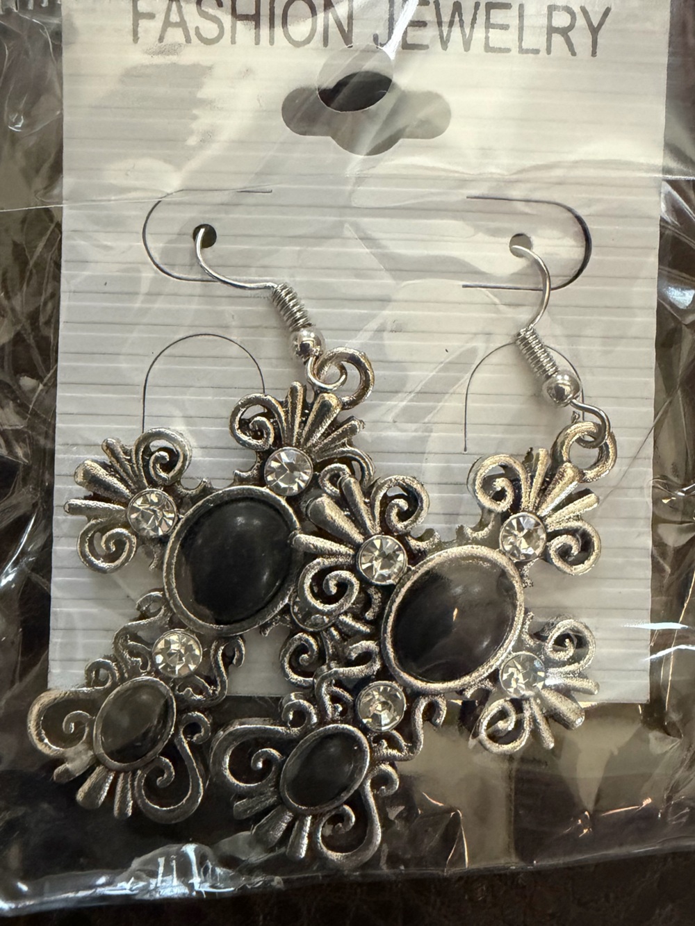 Silver-Tone Black Stone Filigree Cross Drop Earrings